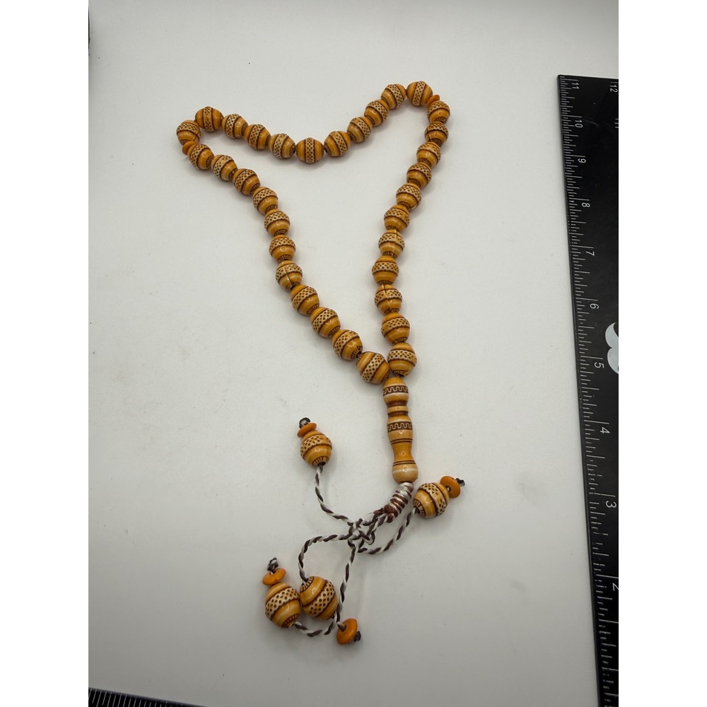 Vintage Carved Prayer Beads Tasbih Misbaha Honey Amber Color Engraved 33‎ Beads